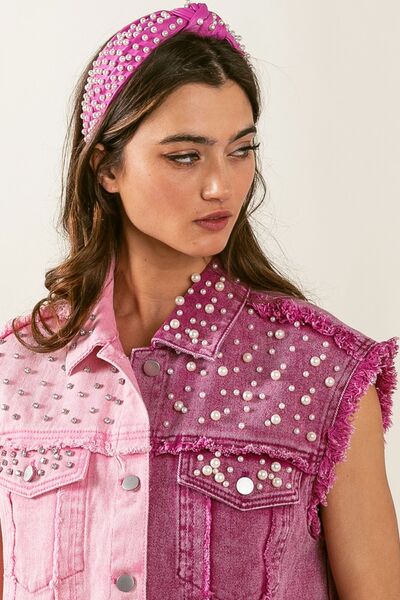 Pearl & Rhinestone Decor Contrast Raw Hem Vest Coat