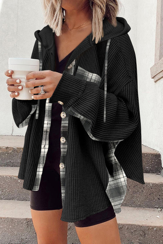 Black Waffle Knit Plaid Patchwork Drawstring Hooded Jacket